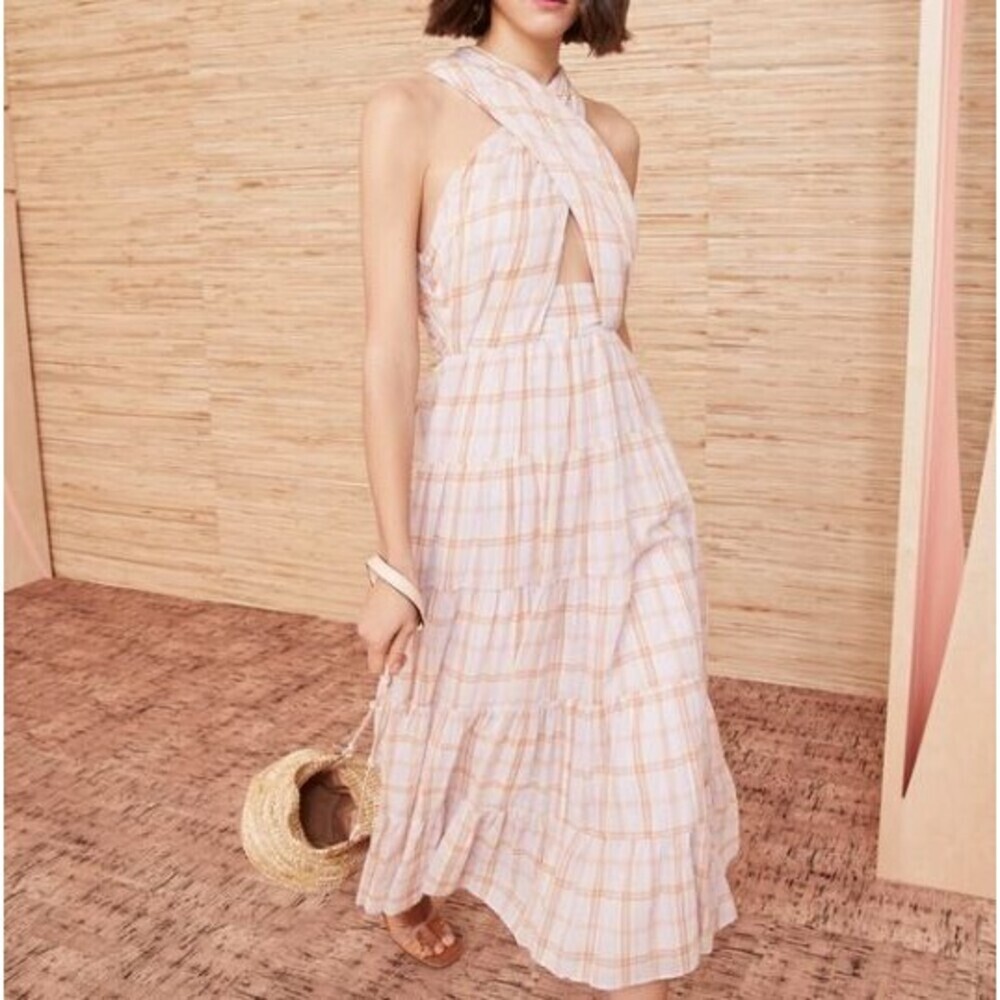 Ulla Johnson Dress Noelle Plaid Maxi Sundress Cross Front Cut Out Halter Size 4
